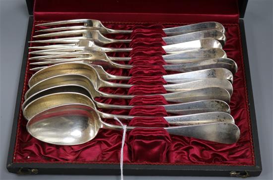 A Buchler cased set of white metal (800) tablespoons and forks (one spoon deficient)